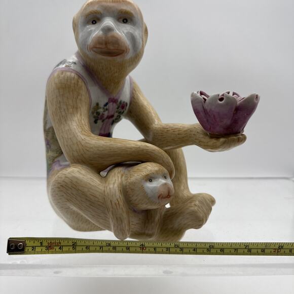 Vintage Chinoiserie Porcelain Ceramic Monkey Baby Lotus Flower People Rep China - Picture 8 of 16